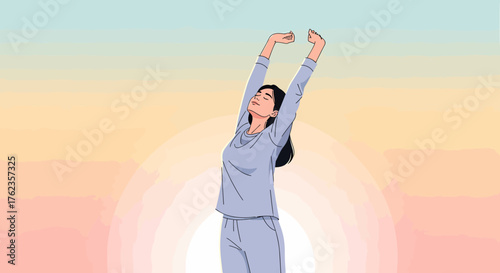 Woman Stretching Her Arms In The Morning For Start New Day