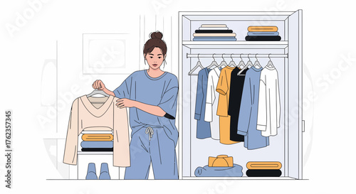 Young Woman Arranging Clothes In Wardrobe At Home Illustration