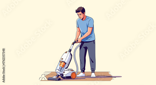 Young Man Diligently Vacuuming House On Wooden Floor Illustration