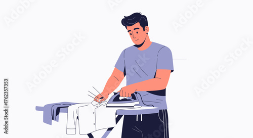 Young Man Ironing Shirt On An Ironing Board At Home