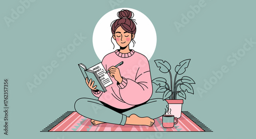 Young Woman Meditating And Journaling At Home