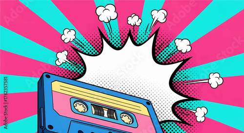 Pop art comic style vector of a vintage cassette with a blank explosion cloud and bright colors background