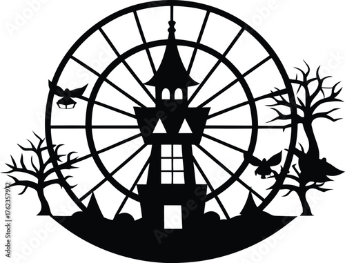 Haunted Ferris Wheel Creepy Carnival Silhouette | Abandoned Carnival Wheel Halloween Scene