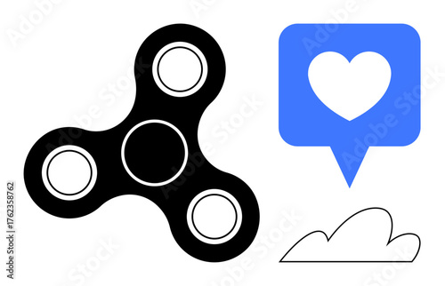 Black fidget spinner paired with blue speech bubble containing a white heart and a minimalist cloud outline. Ideal for relaxation, mindfulness, sharing, balance, conversation, play, social media