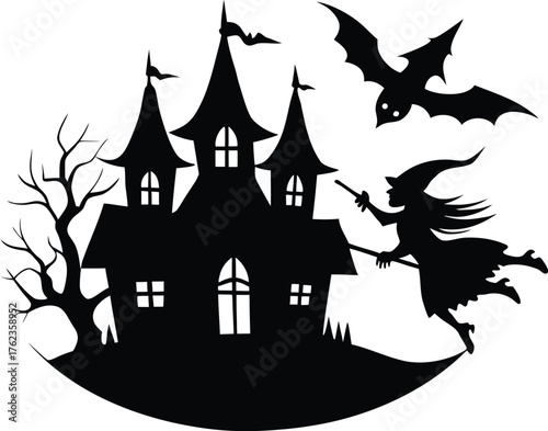 Witch Flying Past Haunted Mansion Art | Witch Passing Haunted House Halloween Design