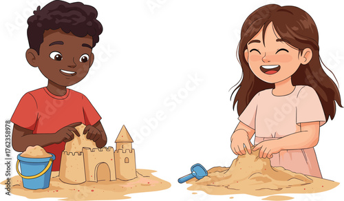Cartoon children building sandcastle, creative playtime, fine motor skills, sandbox activity, educational illustration, kids learning, vector art, school fun