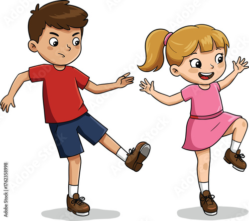 Cartoon children dancing, playful boy and girl, energetic movement, kids activity, fun illustration, childhood joy, vector art, school playtime
