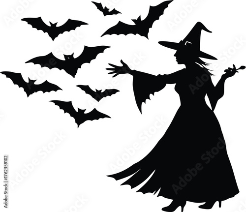 Witch Releasing Bats Halloween Silhouette Art | Witch Summoning Bats Halloween Design