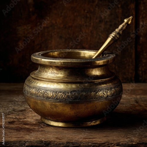 A traditional utensil made of brass, used for cooking, serving, or rituals; known