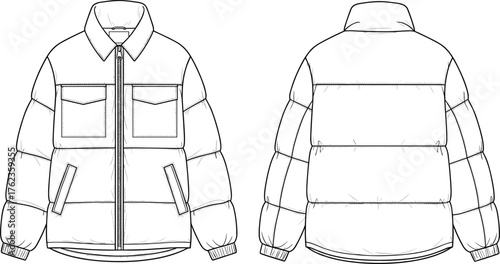 Puffer jacket technical fashion sketch, front and back view, segmented sleeves, chest pockets, zipper closure, winter outerwear design, vector illustration template