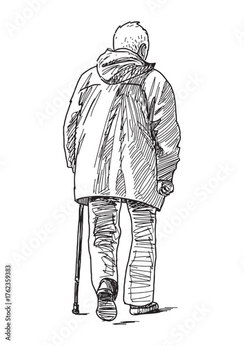 One elderly man in jacket with cane walking outdoors, realistic sketch, vector hand drawing