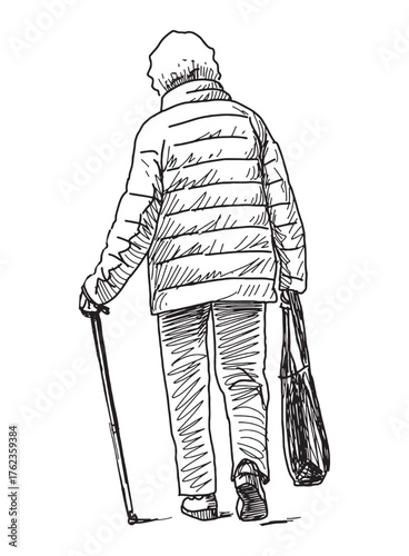One elderly woman in jacket with handbag, cane walking outdoors, realistic sketch, vector hand drawing