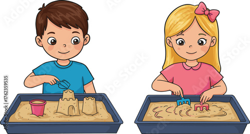 Cartoon children playing with sand, creative activity, fine motor skills, sandbox tools, educational illustration, kids learning, vector art, school playtime