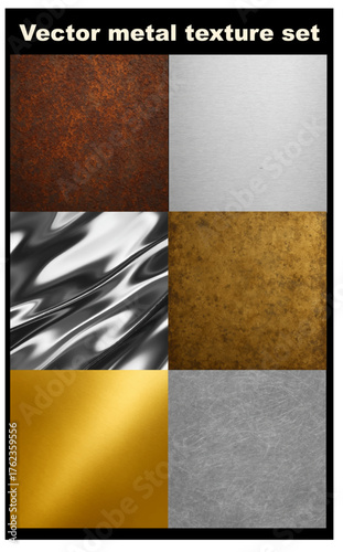 Vector metal texture set featuring brushed steel, gold, bronze, chrome, rust, and metallic surfaces. Perfect for backgrounds, industrial design, packaging, and 3D modeling projects.