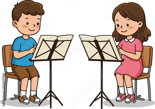 Cartoon children practicing music, sitting with instruments, music stand illustration, educational activity, school performance, vector art, kids learning, fun