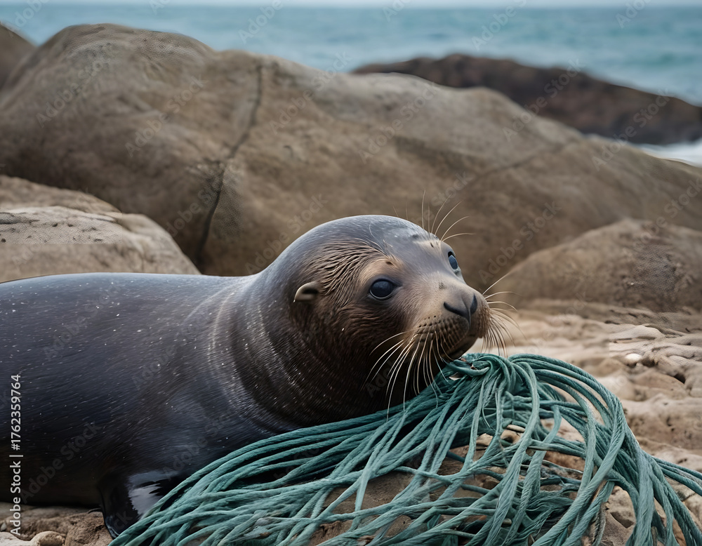 Fototapeta premium A fur seal was caught in a fishing net on the ocean shore. Close-up. Marine animal protection concept, sea lion on the beach
