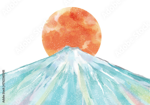 富士山, 年賀状, 正月, 新年, 世界遺産, 初日の出, 太陽, 水彩, 山, 背景, あしらい, 和風, 和柄, 日本, 雪, 冬, 雪化粧, 雪景色, 景色, ベクター, アブストラクト, バックグラウンド, 自然, 風情