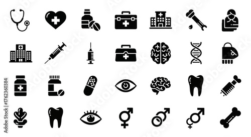 Extensive Vector Set of Healthcare and Medical Glyph Icons Representing Health, Wellness, and Human Anatomy for Modern Designs