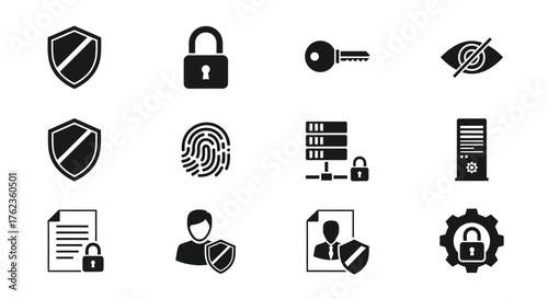Set of Security and Privacy Icons with Shield, Lock, Key, and Fingerprint