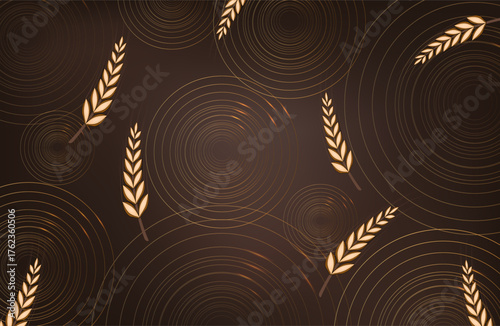 background with a golden spike or wheat on a light background. pattern of ears of corn and grain. modern logo for banners. vector illustration. brown circles 