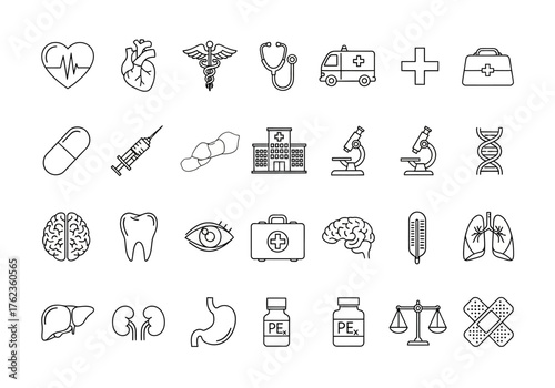 Comprehensive Collection of Medical and Healthcare Outline Icons Representing Health, Wellness, and Professional Services