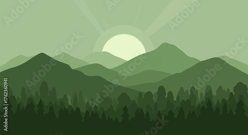 Serene flat design landscape illustration with layered green mountains and forest under a rising sun, minimalist natural scenery