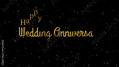 Elegant golden “Happy Wedding Anniversary” typography on a dark starry background. Shiny festive lettering perfect for celebration cards, romantic greetings, or digital invitations.