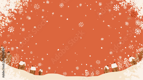 A festive snowy village scene with houses and falling snowflakes, terracotta-beige palette, for winter greeting cards and holiday prints with space for text