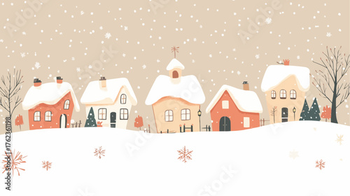 Cozy winter village with snow-covered houses and bare trees under falling snow, with space for text. Perfect for holiday packaging, greeting cards, or printable seasonal decor.