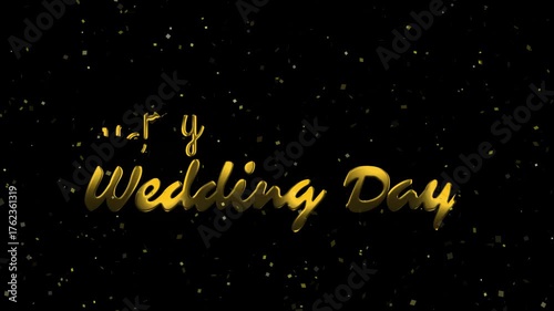 Elegant golden “Happy Wedding Day” typography on a dark starry background. Shiny metallic lettering with a festive and romantic feel, ideal for wedding greetings, invitations, or celebration cards.