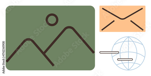 Green photo frame with mountain and sun, envelope, and globe with connection lines. Ideal for communication, travel, digital media, email correspondence, creativity, global outreach simple flat