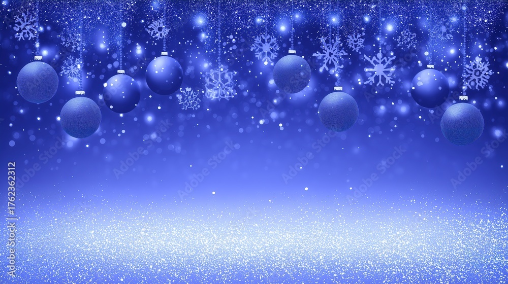 Fototapeta premium Shiny Blue Christmas Background with Hanging Snowflakes and Baubles in Winter Light