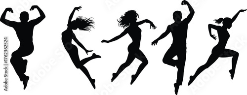 Set of black silhouettes, modern dancers, men and women in dynamic contemporary dance poses, energetic people jumping, isolated vector illustration