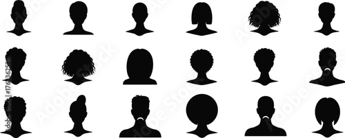 Set of black head silhouettes, diverse male and female avatars with various hairstyles, anonymous user icons, flat vector illustration
