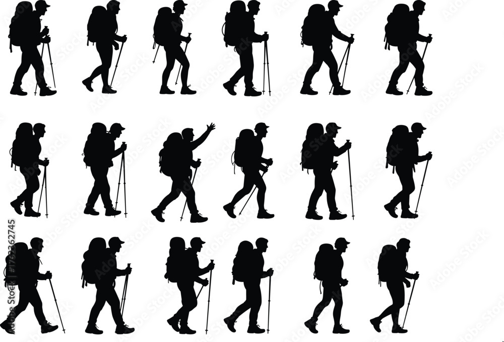Obraz premium Set of 18 Male Hiker Silhouettes with Backpack and Trekking Poles – Vector Collection Showing Various Walking and Posing Styles for Outdoor and Adventure Designs
