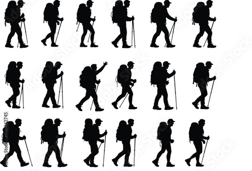 Set of 18 Male Hiker Silhouettes with Backpack and Trekking Poles – Vector Collection Showing Various Walking and Posing Styles for Outdoor and Adventure Designs
