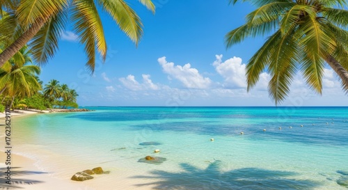 Tropical beach scene isolated on white background