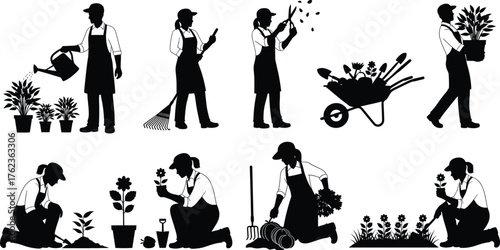 Silhouette people gardening activities, planting watering trimming harvesting, outdoor lifestyle teamwork illustration, horticulture garden work artwork, black outline design vector -flat vector