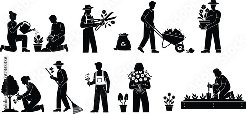 Silhouette people gardening activities, planting watering trimming harvesting, teamwork outdoor lifestyle illustration, sustainable garden work artwork, black outline design vector -flat vector