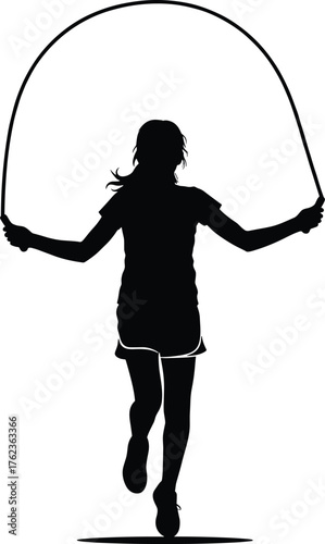 Silhouette person skipping rope, child jumping outdoors, playful activity illustration, fitness exercise artwork, childhood fun, black outline design vector -flat vector