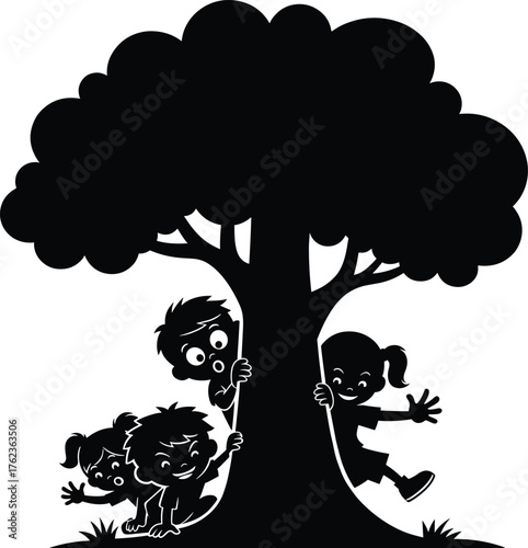 Silhouette children playing around tree, kids hide and seek game, outdoor childhood fun, playful activity illustration, black outline artwork design -flat vector
