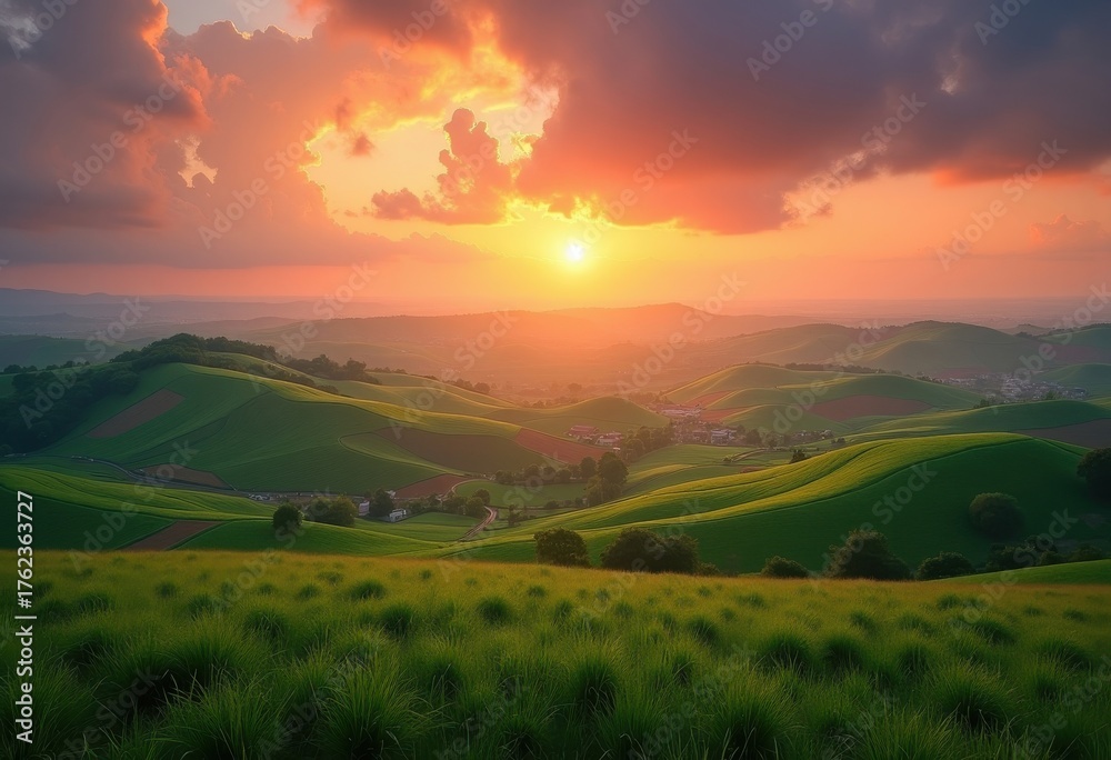 Fototapeta premium Enchanting Rolling Hills Patchwork Farmland Basking in Vibrant Sunset Glow