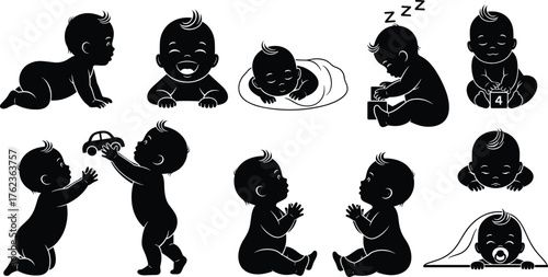 Silhouette babies in various poses, crawling sitting sleeping playing, early childhood development illustration, infant activities artwork, black outline design -flat vector