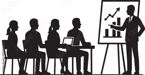 Silhouetted business professionals attending a presentation with a speaker pointing at a chart on a whiteboard demonstrating growth and success concepts in a meeting room. vector