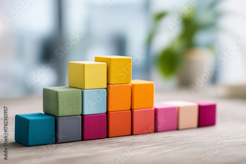 Employee engagement concept with colorful cubes stacked to represent fringe benefits such as vacation, wellness, and insurance in bright studio scene 
