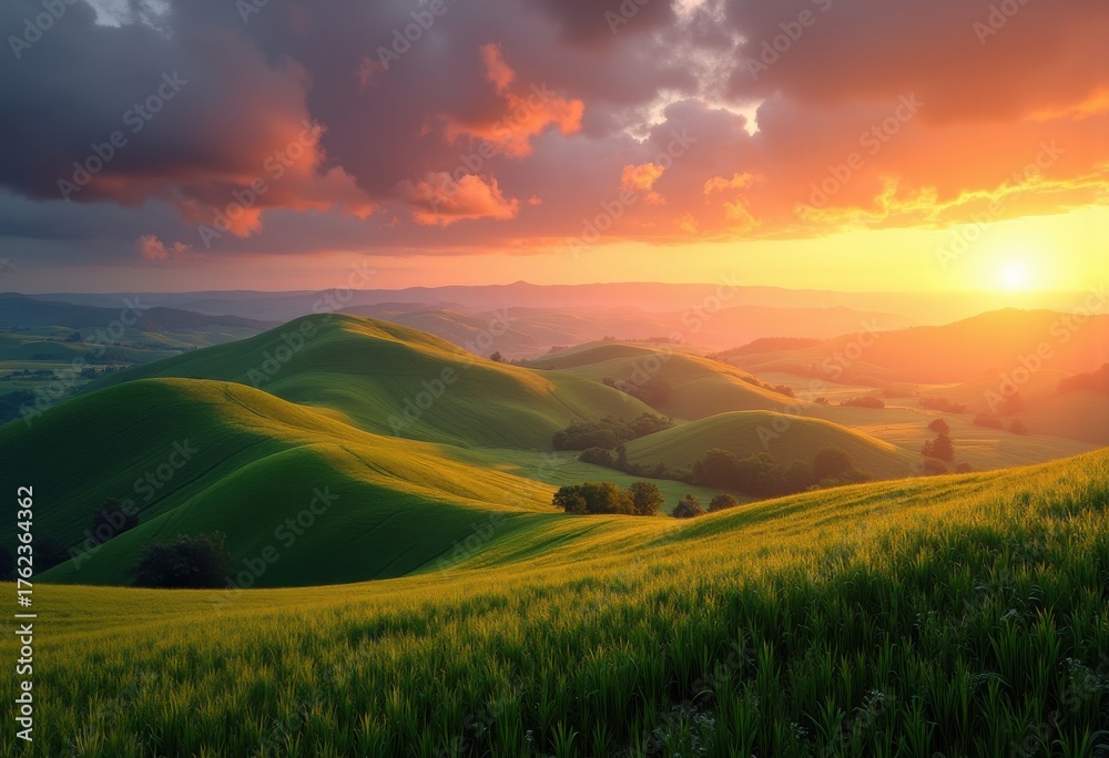 Fototapeta premium Serene Rolling Hills Rustic Farmland Golden Hour Landscape Lush Fields Vibrant Skies