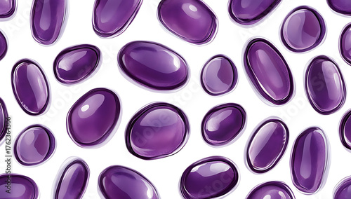 Numerous glossy purple oval capsules with white outlines scattered across a dark background, high-quality PNG cutout with transparent or white background