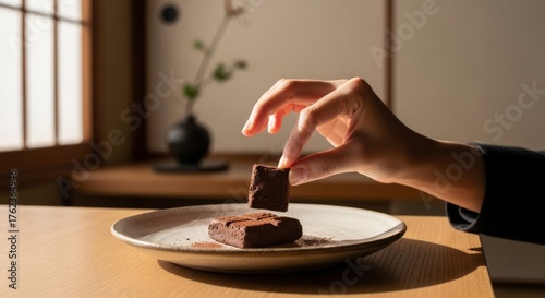A hand delicately picks up a piece of chocolate from a plate in a serene, minimalist room with soft lighting and subtle decor, evoking a sense of calm, mindfulness, and simple pleasure.


