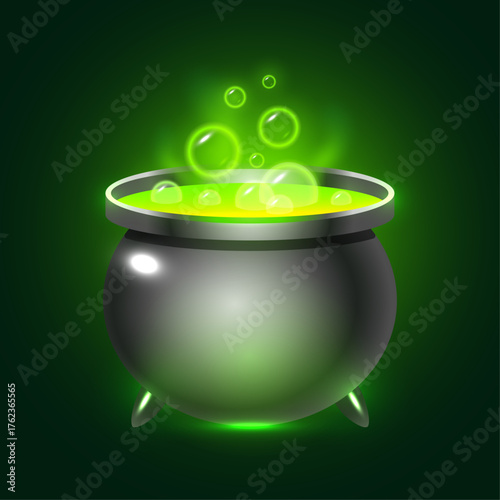 A witch's cauldron with a bubbling green potion