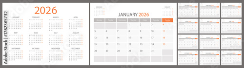 Calendar and planner 2026 year, schedule month calender, European organizer template. Week starts on Monday. Business personal page. Modern simple dairy. Vector illustration